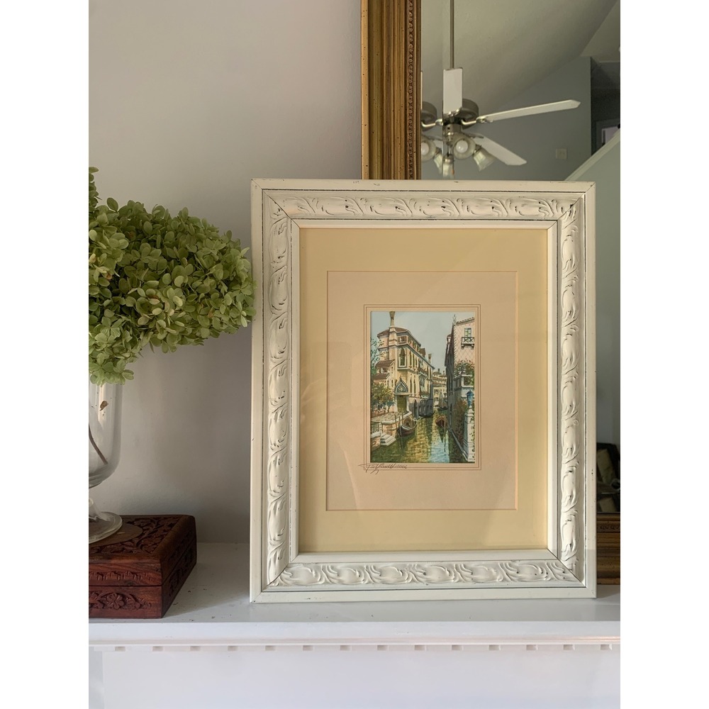 F. Zanetti Signed Venice Canal Watercolor Painting Ornate White Frame 2004
